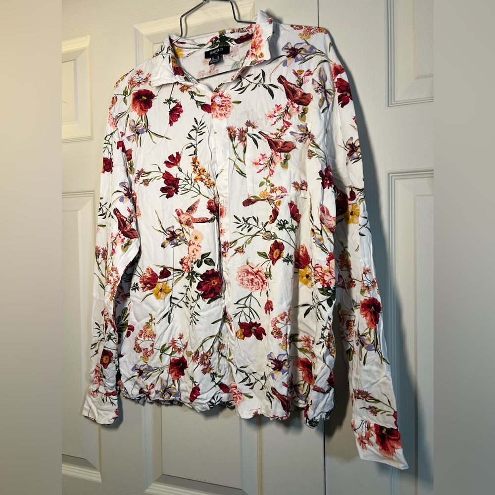Floral Button-Down Shirt - White with Red & Pink Blooms
